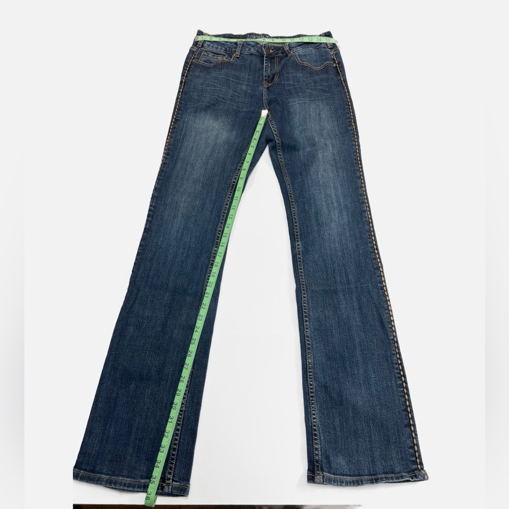 Cowgirl Tuff Western Edge Dark Blue Jeans Womens size 30 X 35 Brown Stitching - Picture 3 of 14